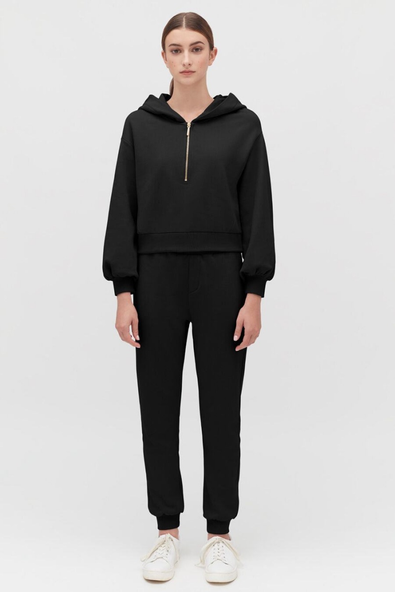 Cuyana Fleece Cropped Zip Hættetrøje Dame Sort | IIB3412EM