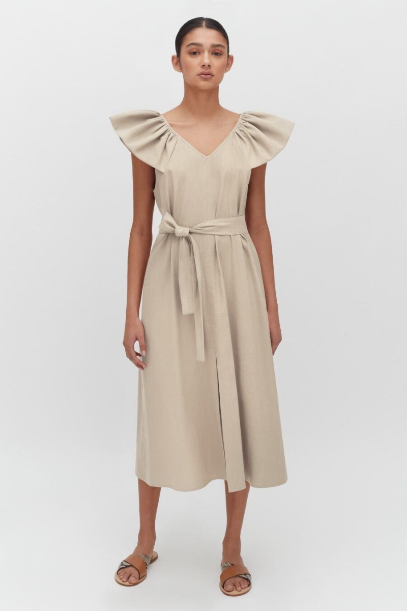 Cuyana Linen Flutter Sleeve Kjole Dame Brune | GKR9581JN