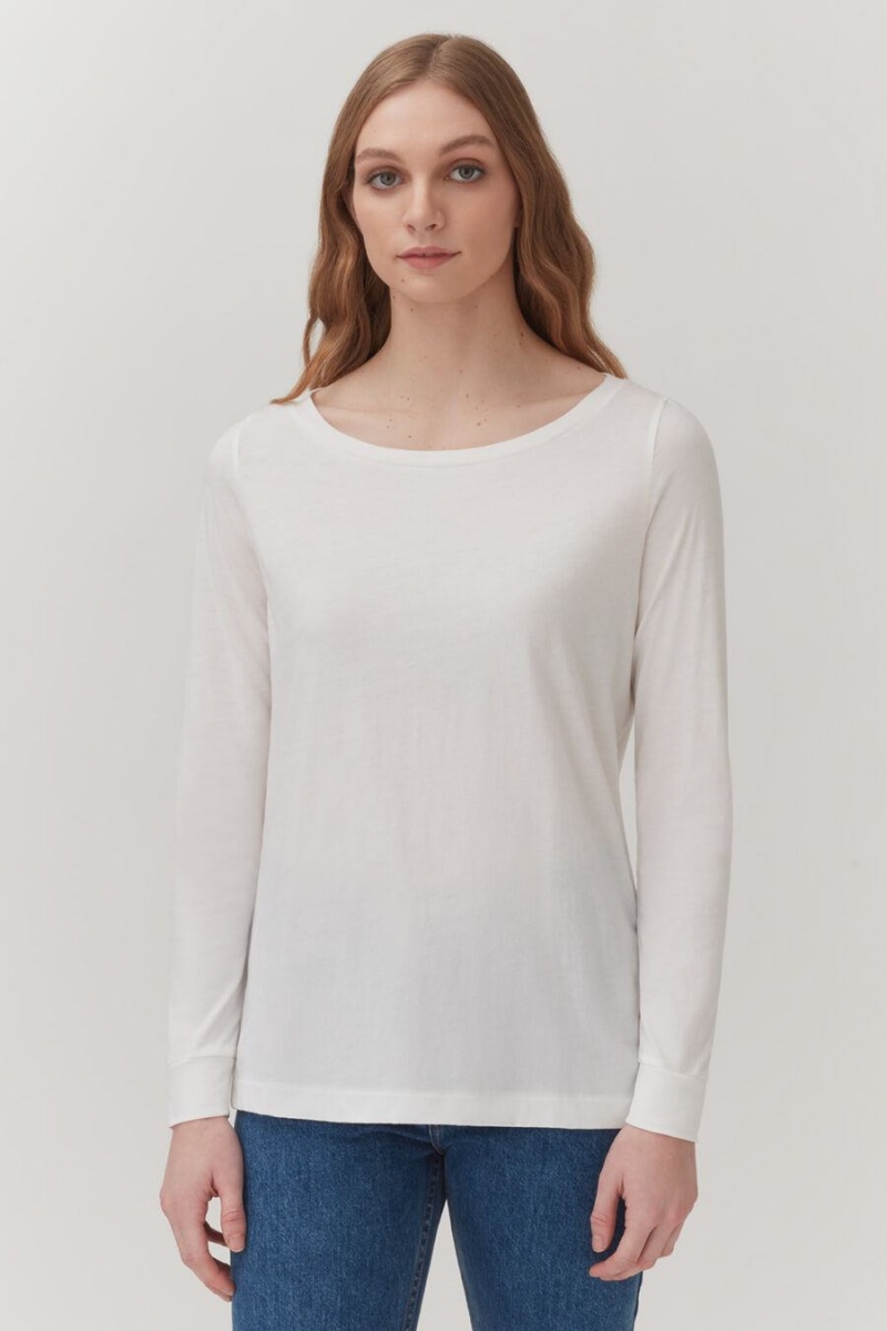 Cuyana Pima Boatneck Long Sleeve Tee T Shirts Dame Hvide | POD5122DV