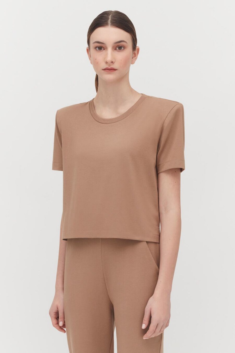 Cuyana Polstret Shoulder Cropped Tee T Shirts Dame Khaki | RYZ1232JQ