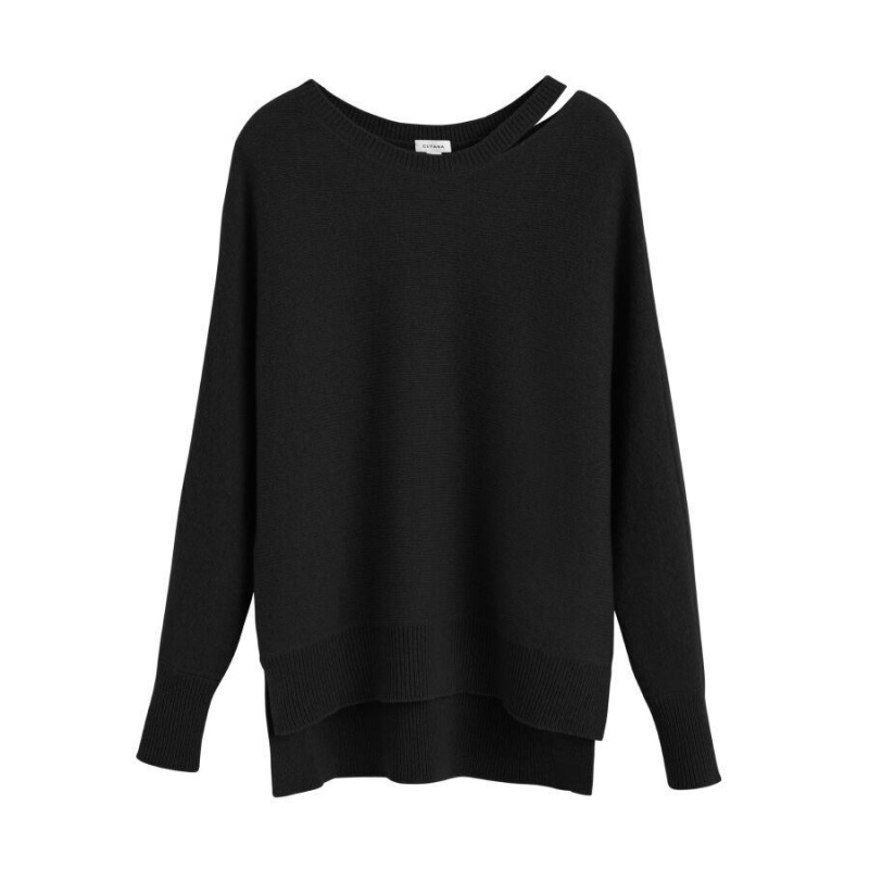 Cuyana Recycled Cashmere Split-Neck Trøjer Dame Sort | VBC6379KU