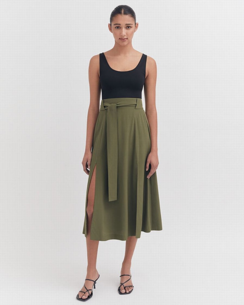 Cuyana Silk Belted Midi Nederdel Dame Mørkegrøn | LPL1413VY