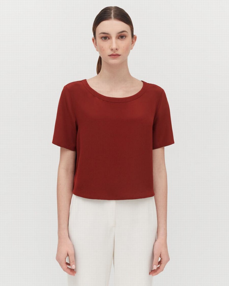 Cuyana Silk Cropped Crewneck Tee T Shirts Dame Mørkerød | USF10080NR