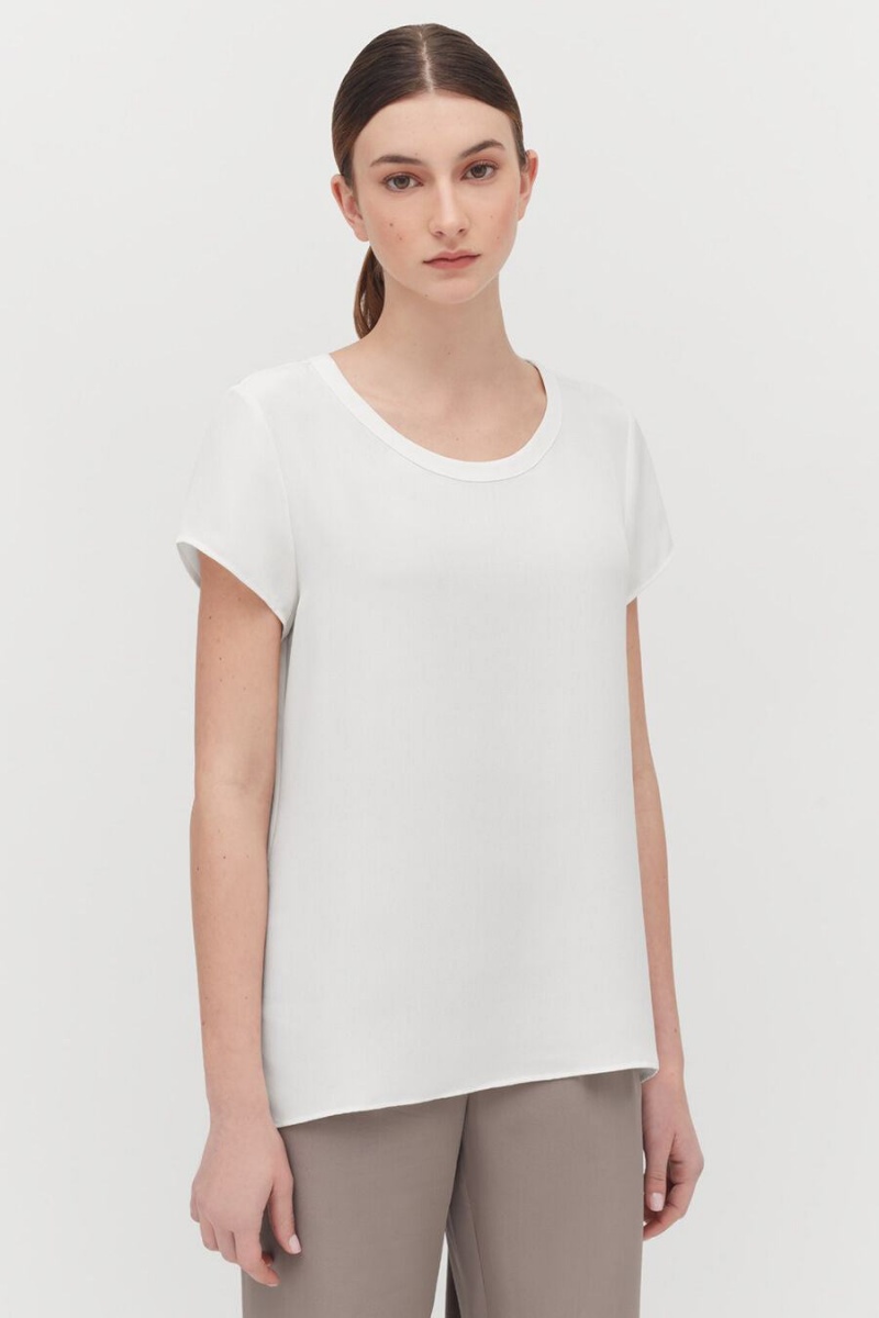 Cuyana Silk High-Low Tee T Shirts Dame Hvide | SCB4210XU